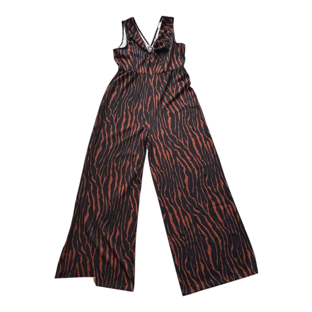 Womens Size L Wide Leg Jumpsuit Zebra Print V Neck Sleeveless